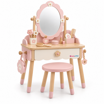 Kinder-Schminktisch aus Holz mit Spiegel, Hocker und Spielzubehör – Rosa